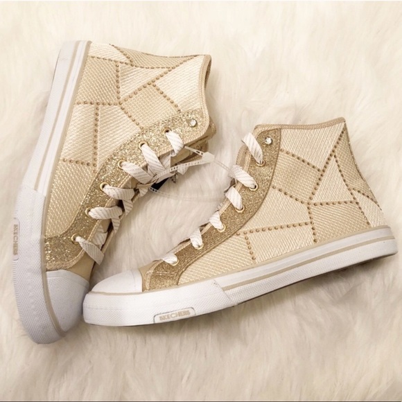 Skechers Shoes - NWT Sketchers hightop gold sneakers + rhinestones